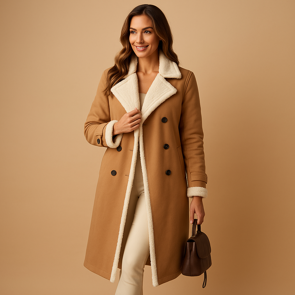 Women’s elegant long winter coat with lapel collar and long sleeves, suitable for cold days and stylish everyday or evening wear.
