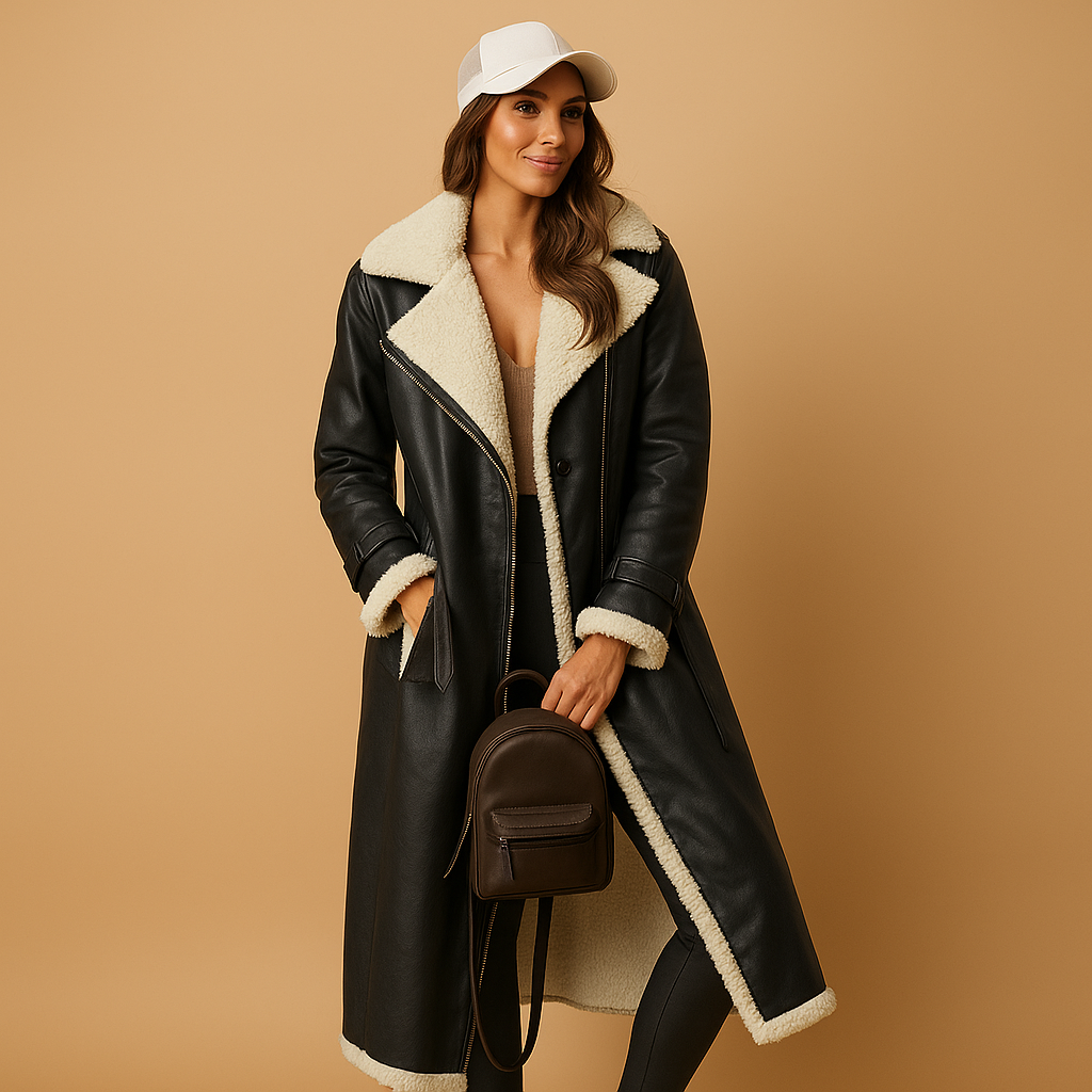 Women’s elegant long winter coat with lapel collar and long sleeves, suitable for cold days and stylish everyday or evening wear.