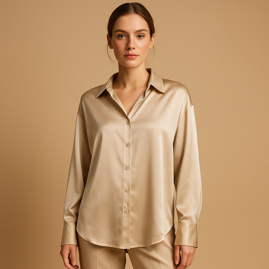 Elegant satin blouse for women with a classic collar and smooth flowing fit, suitable for office wear, dinners, and formal occasions.