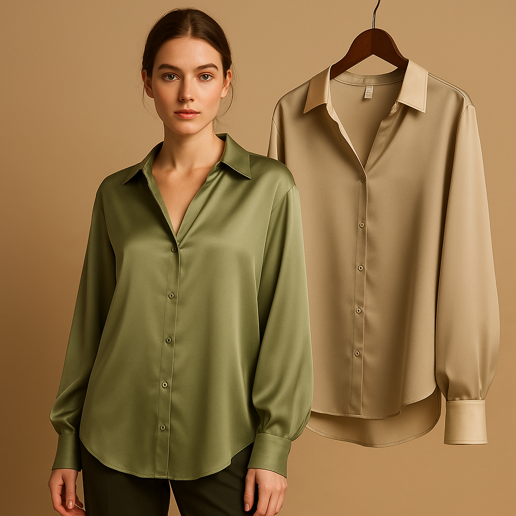 Elegant satin blouse for women with a classic collar and smooth flowing fit, suitable for office wear, dinners, and formal occasions.