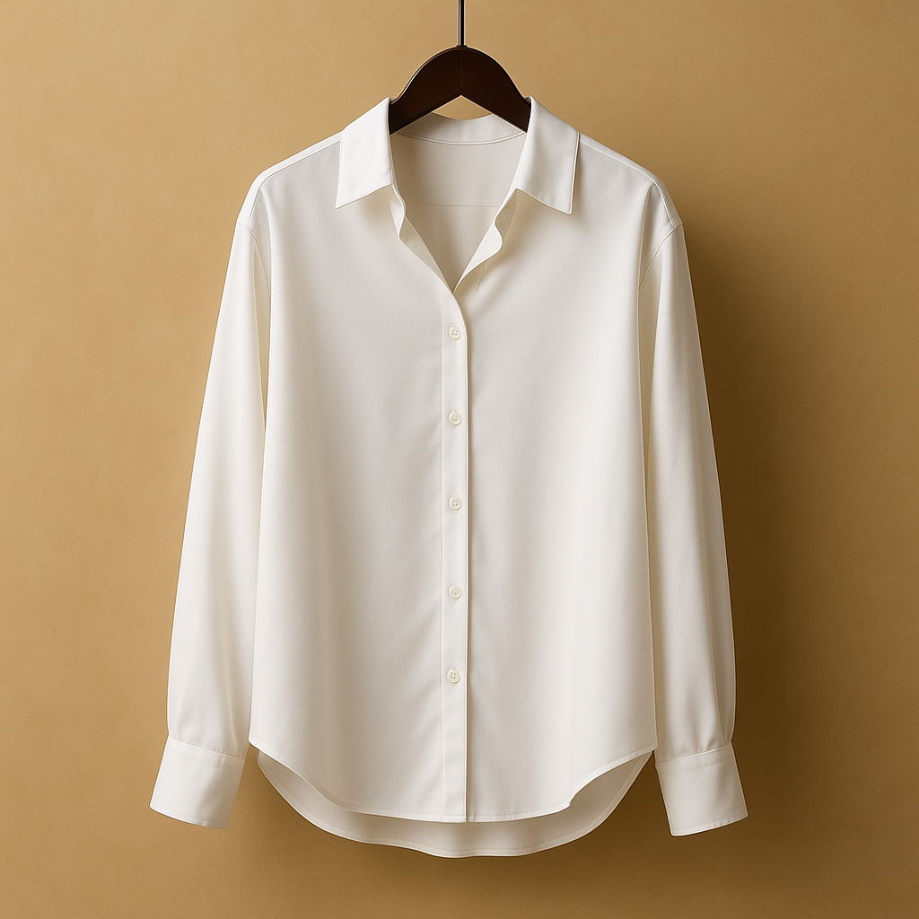 Elegant satin blouse for women with a classic collar and smooth flowing fit, suitable for office wear, dinners, and formal occasions.