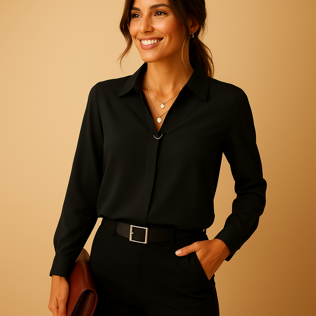 Women’s elegant solid blouse with a tailored feminine fit, classic collar, and button closure, suitable for work, daily wear, and evening occasions.