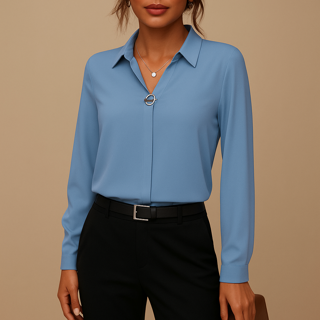 Women’s elegant solid blouse with a tailored feminine fit, classic collar, and button closure, suitable for work, daily wear, and evening occasions.