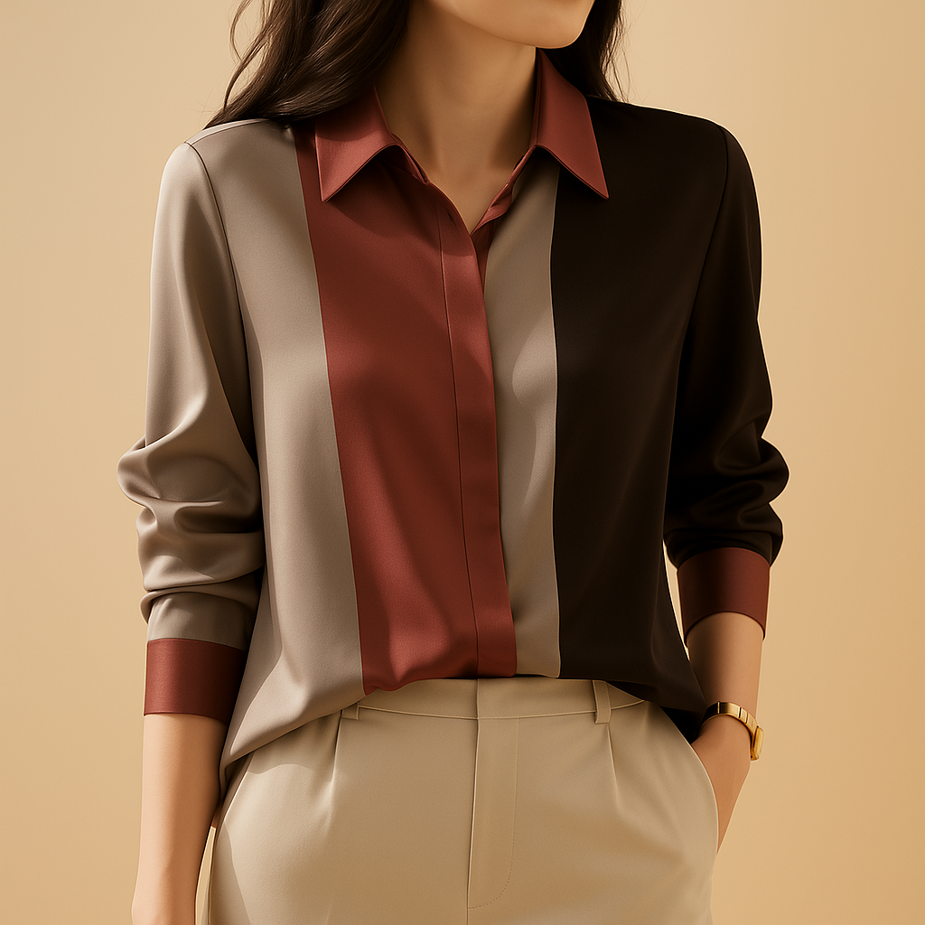 Women’s elegant striped blouse with a classic collar and long sleeves, suitable for office wear, casual outfits, and formal occasions.