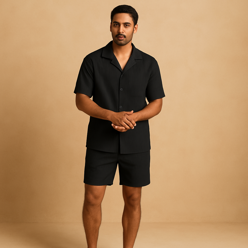 Men’s two-piece elegant summer outfit with button details and lightweight fabric, ideal for stylish casual wear and summer occasions.
