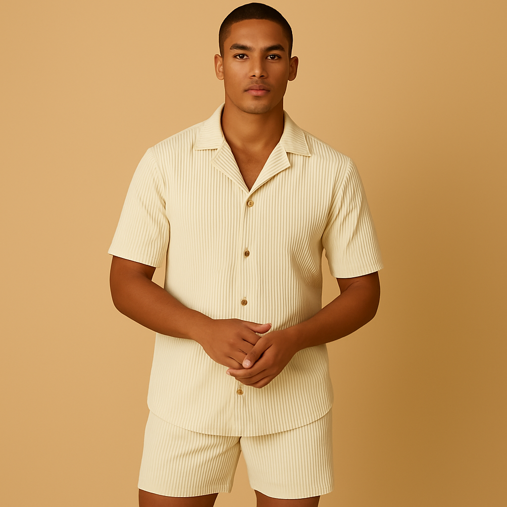 Men’s two-piece elegant summer outfit with button details and lightweight fabric, ideal for stylish casual wear and summer occasions.