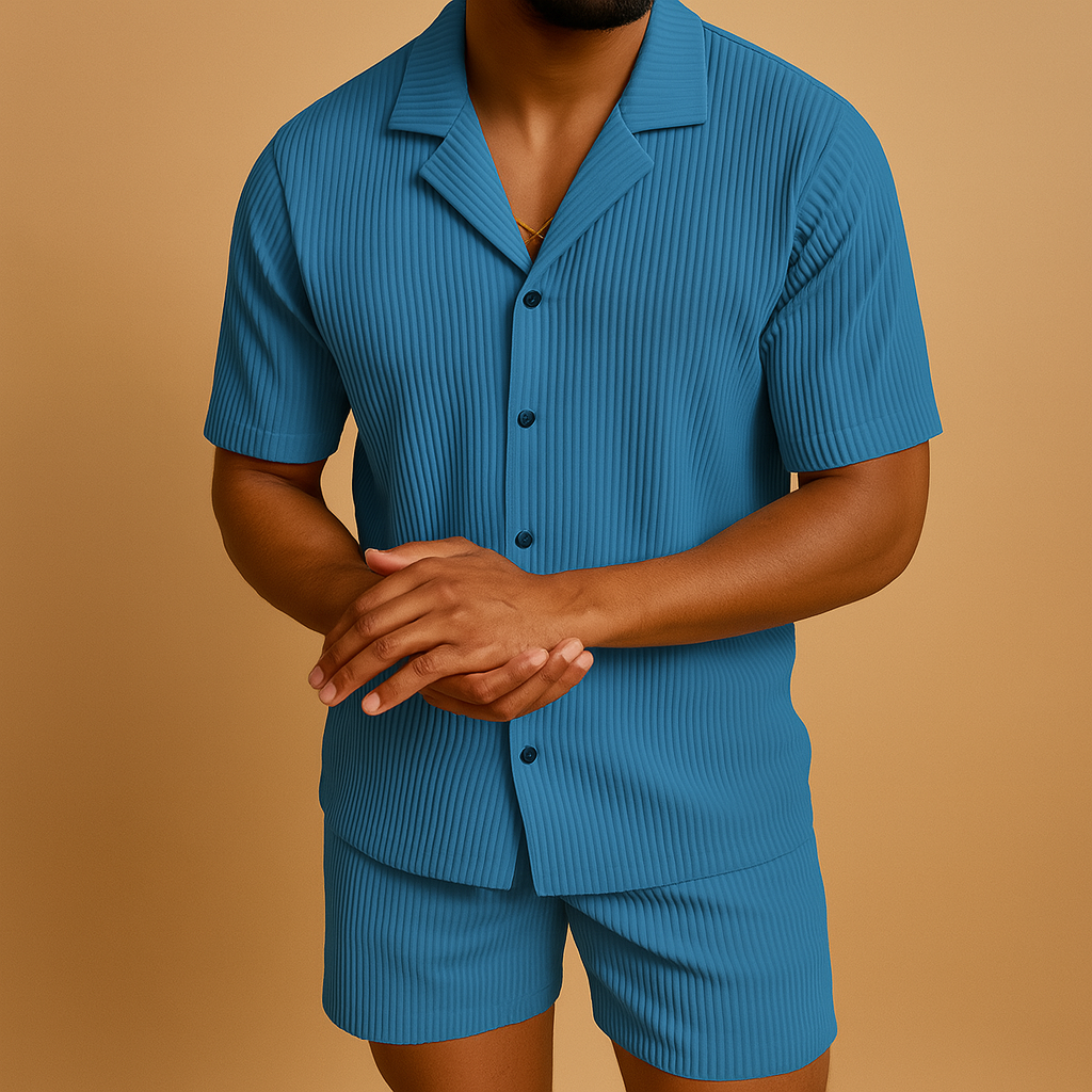 Men’s two-piece elegant summer outfit with button details and lightweight fabric, ideal for stylish casual wear and summer occasions.