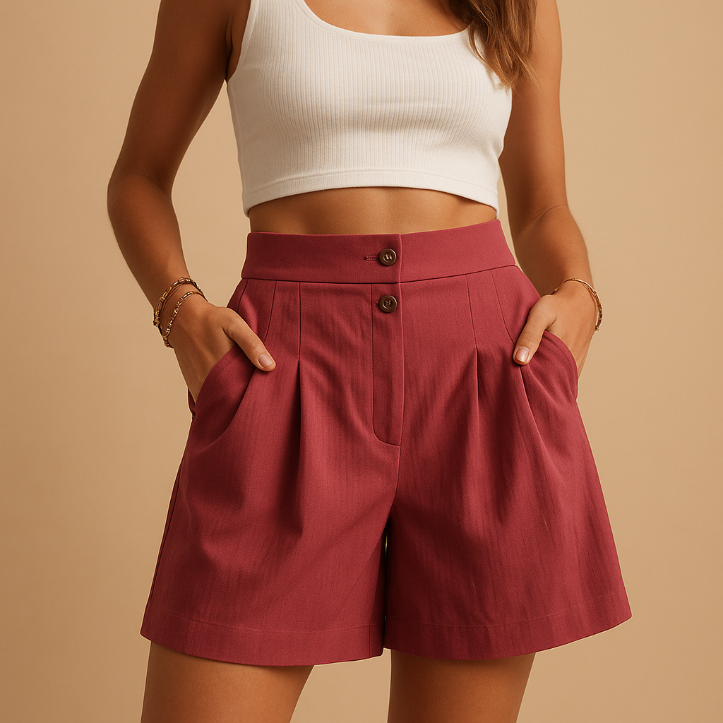 Women’s elegant summer shorts with double button detail and flattering fit, perfect for brunch, garden parties, and everyday summer wear.