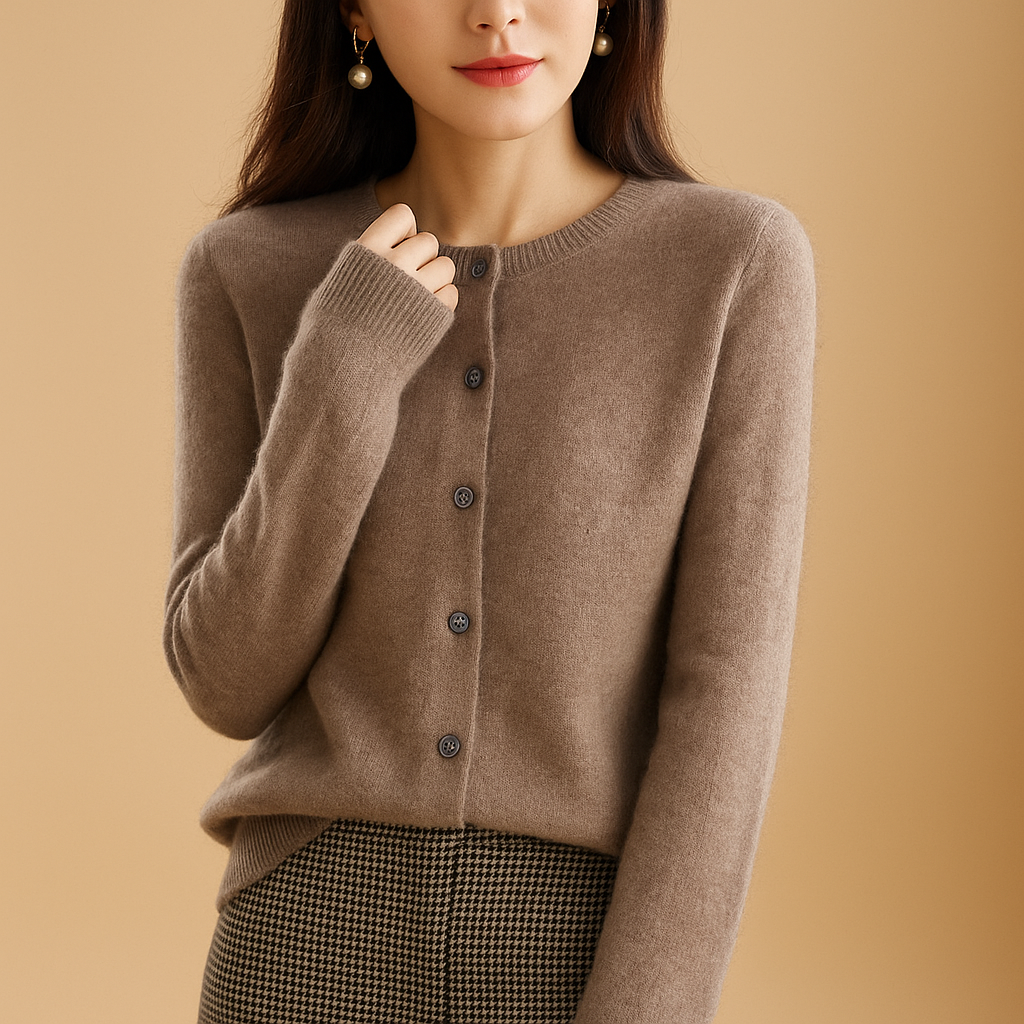 Women’s elegant V-neck cardigan with slim fit and button closure, perfect for office layering or casual winter outfits.