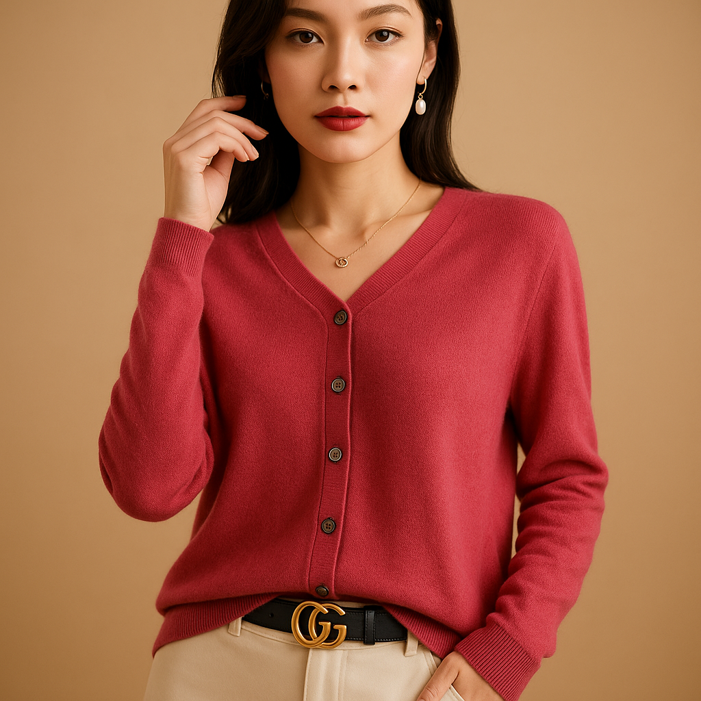 Women’s elegant V-neck cardigan with slim fit and button closure, perfect for office layering or casual winter outfits.
