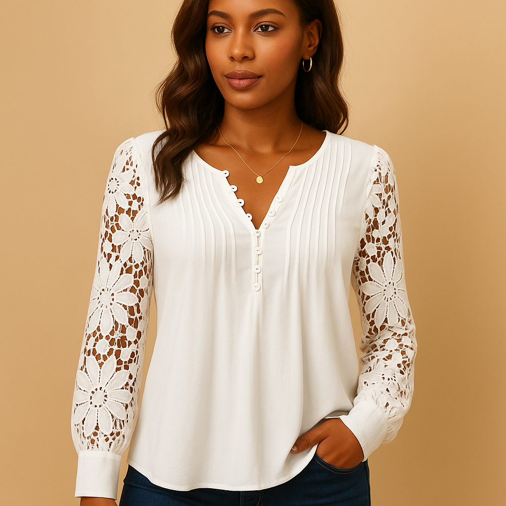 Women’s elegant v-neck blouse with lace details, suitable for daily outfits, office wear, and formal occasions.