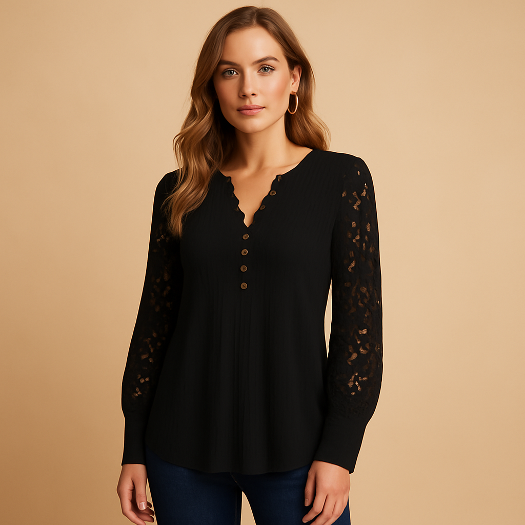 Women’s elegant v-neck blouse with lace details, suitable for daily outfits, office wear, and formal occasions.