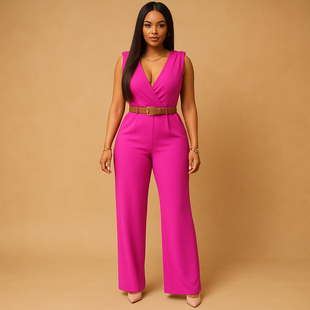 Deep V-neck elegant jumpsuit for women with high waist and flowing fabric, perfect for parties, evenings out, and special occasions.