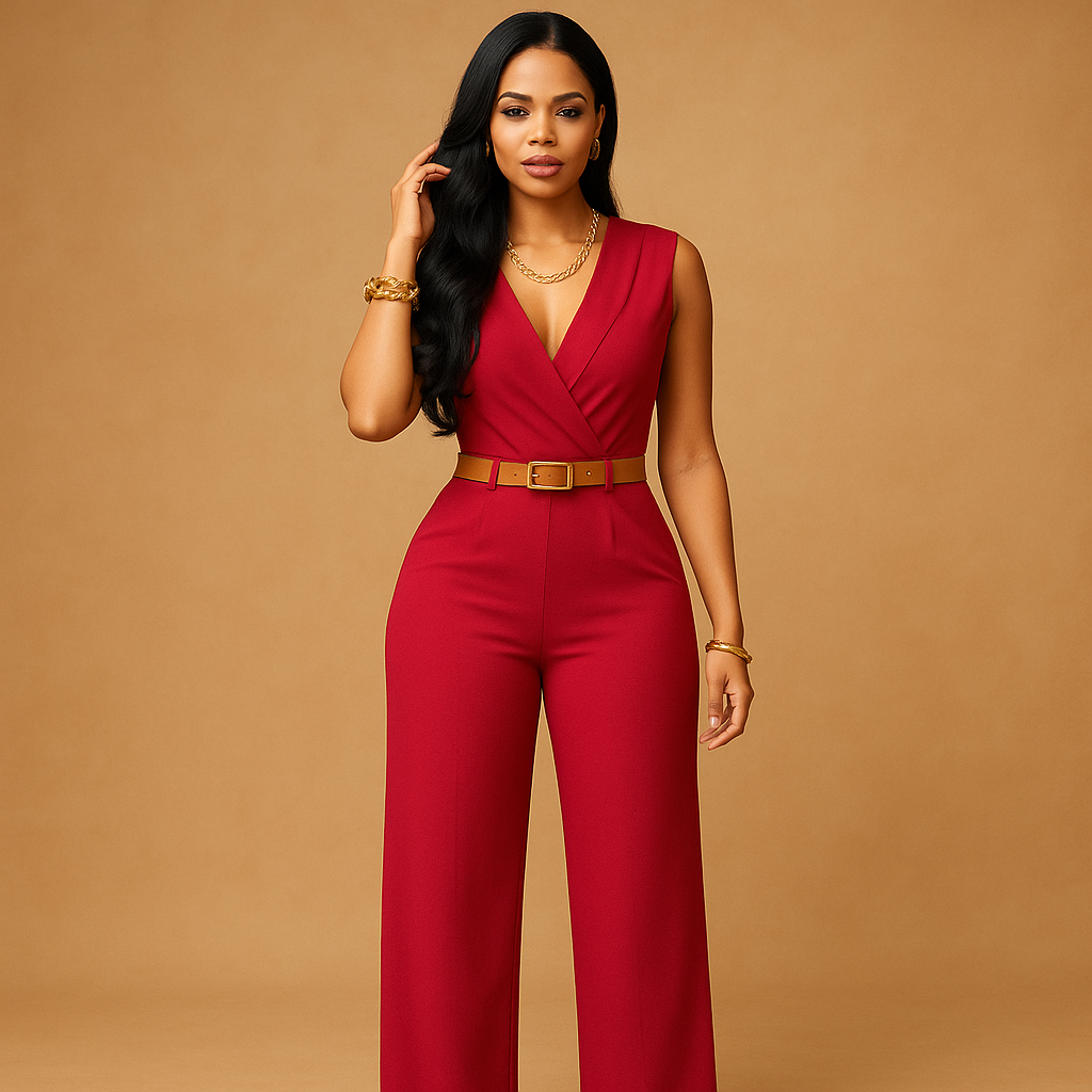 Deep V-neck elegant jumpsuit for women with high waist and flowing fabric, perfect for parties, evenings out, and special occasions.