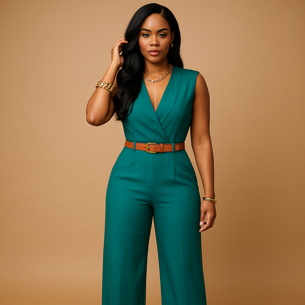 Deep V-neck elegant jumpsuit for women with high waist and flowing fabric, perfect for parties, evenings out, and special occasions.