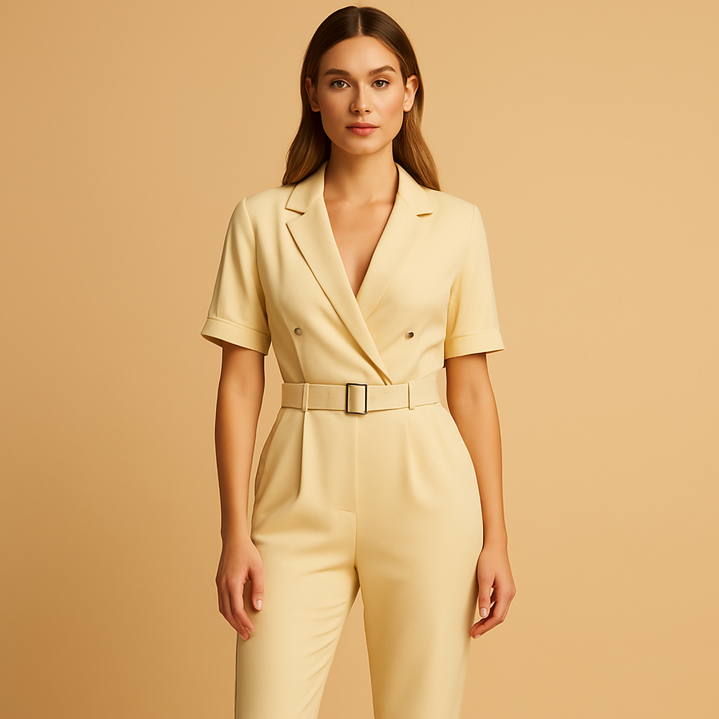 Elegant V-neck jumpsuit for women with a tailored waist, collar, and half sleeves, perfect for office days, formal occasions, or evening outings.