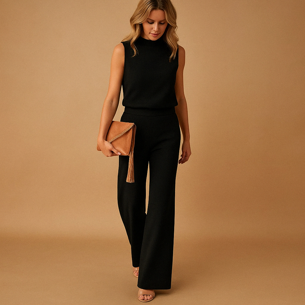 Elegant wide-leg jumpsuit for women with round neckline and mid-waist fit, ideal for work or formal occasions.