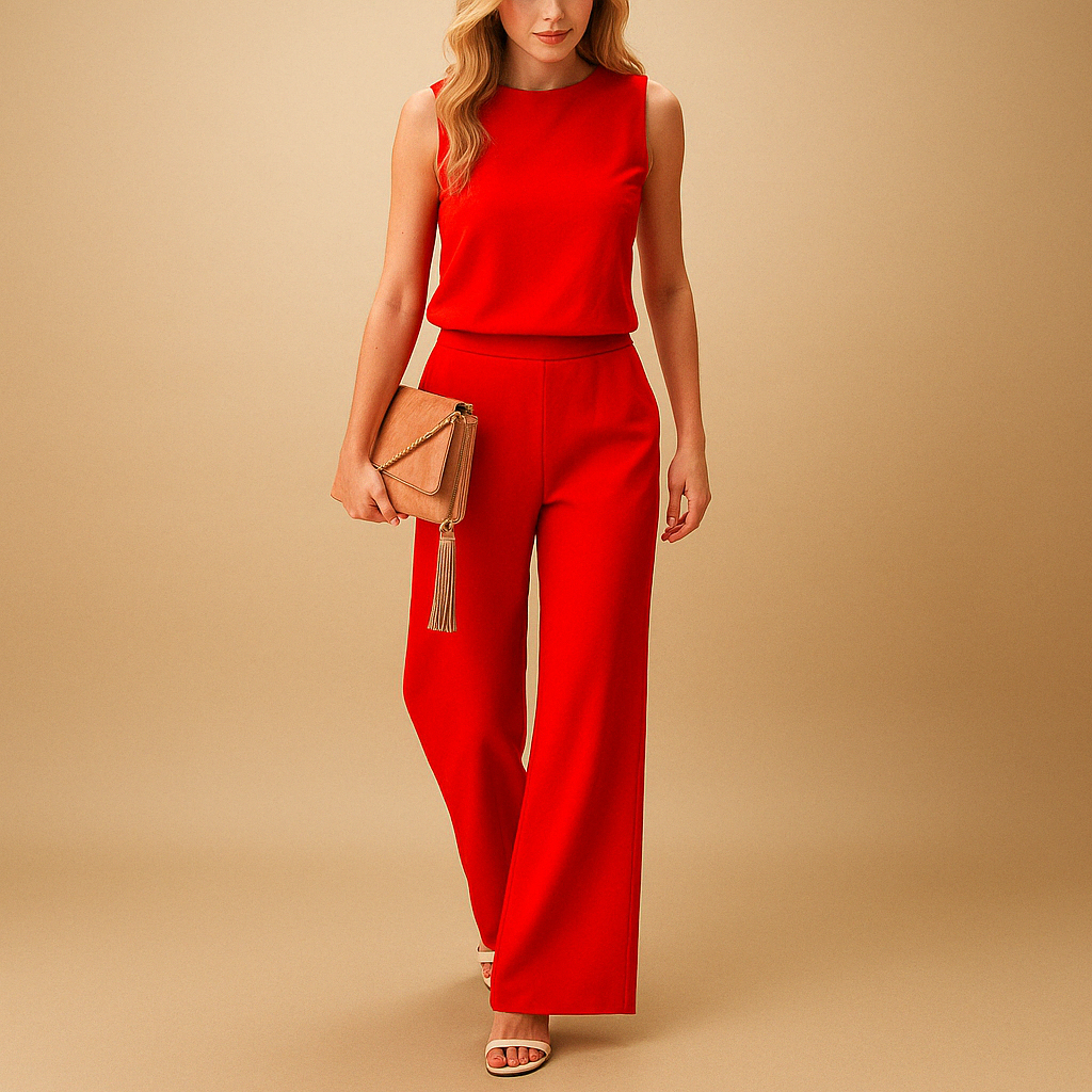 Elegant wide-leg jumpsuit for women with round neckline and mid-waist fit, ideal for work or formal occasions.