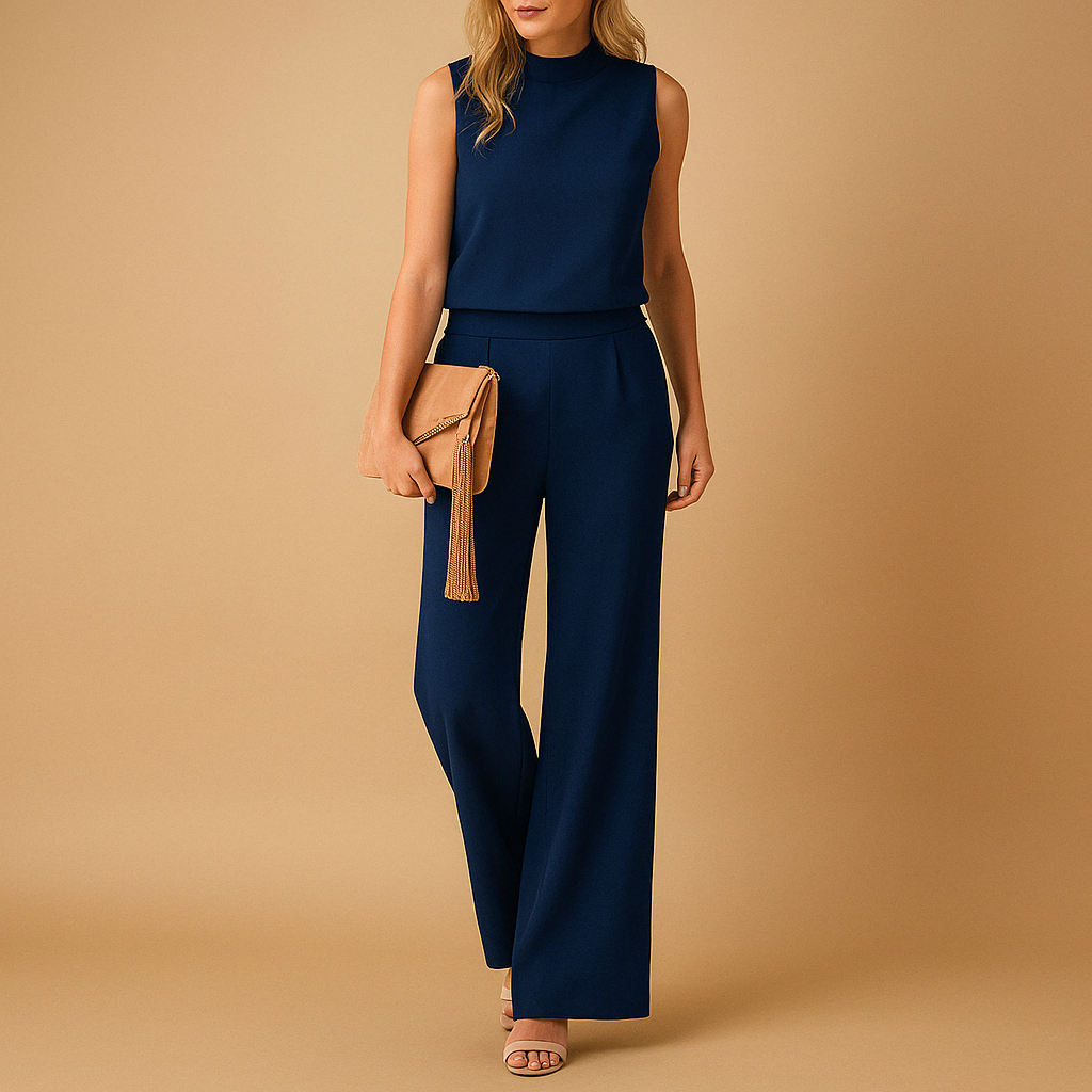 Elegant wide-leg jumpsuit for women with round neckline and mid-waist fit, ideal for work or formal occasions.