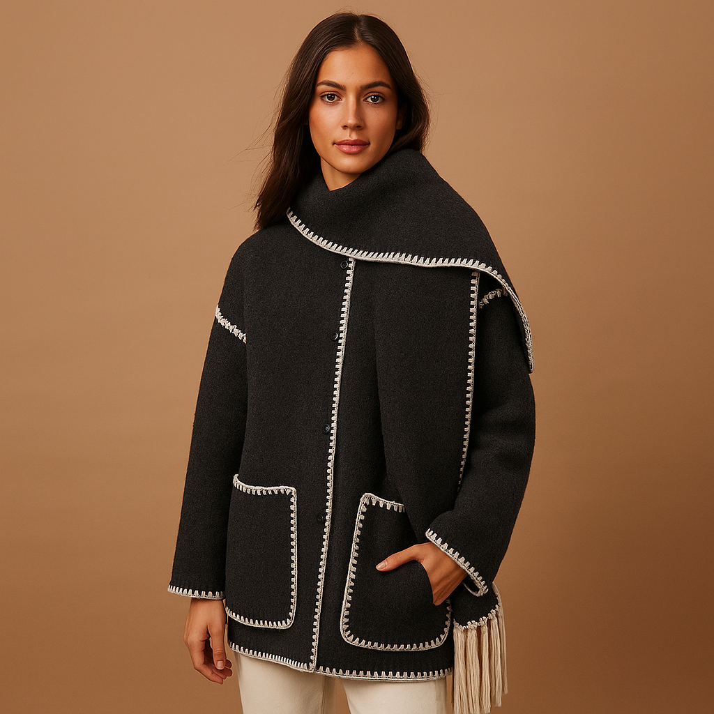 Women’s elegant winter coat with a tailored fit, matching belt, and removable scarf, suitable for cold days, daily wear, and special occasions.