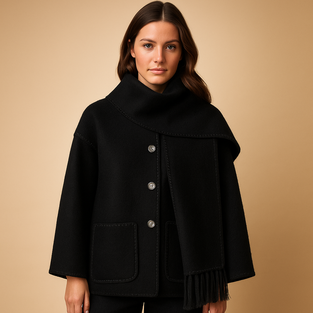 Women’s elegant winter coat with a tailored fit, matching belt, and removable scarf, suitable for cold days, daily wear, and special occasions.