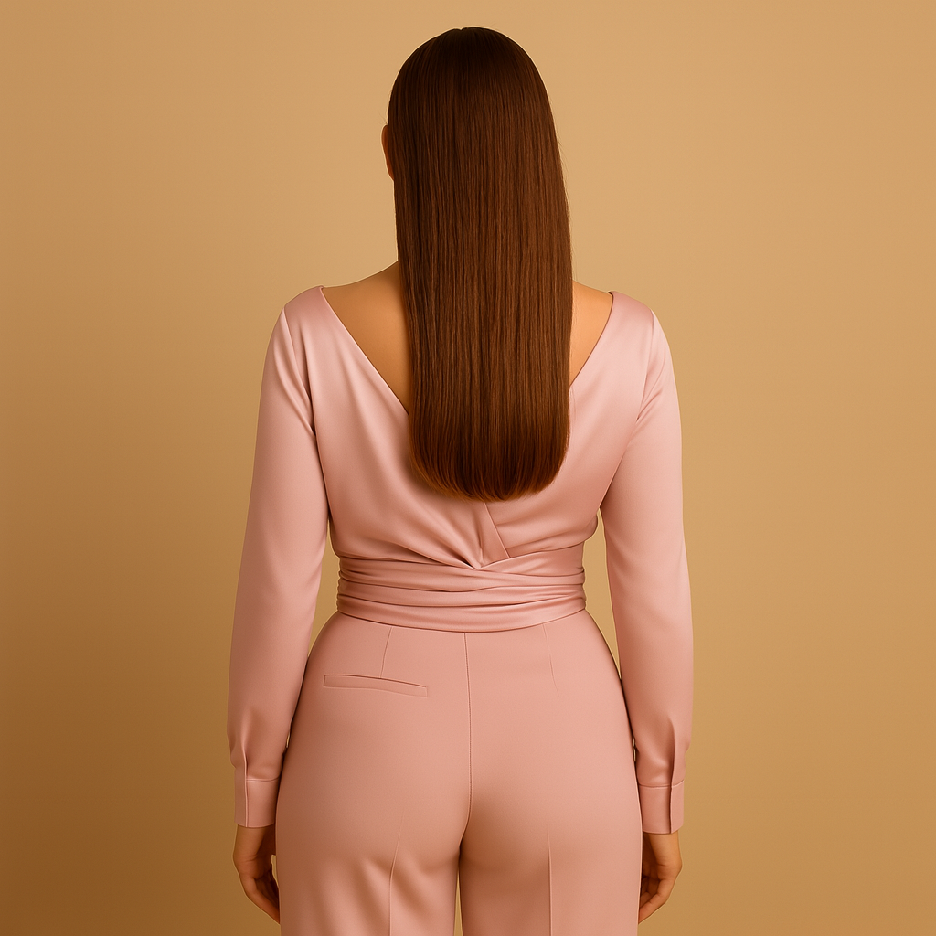 Women’s elegant wrap blouse with a tie waist and long sleeves, designed for chic everyday wear and formal occasions.