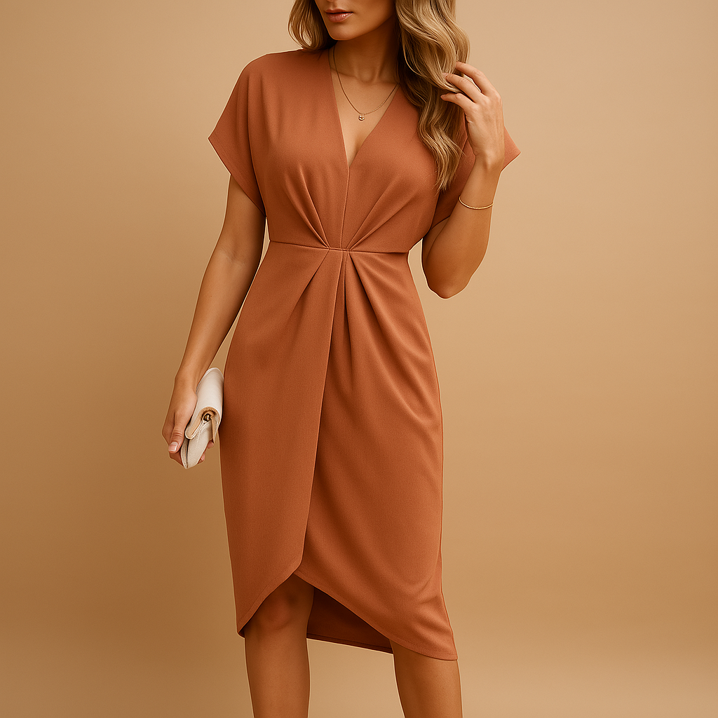 Elegant wrap midi dress for women in a timeless design, ideal for business meetings, dates, and seasonal occasions.
