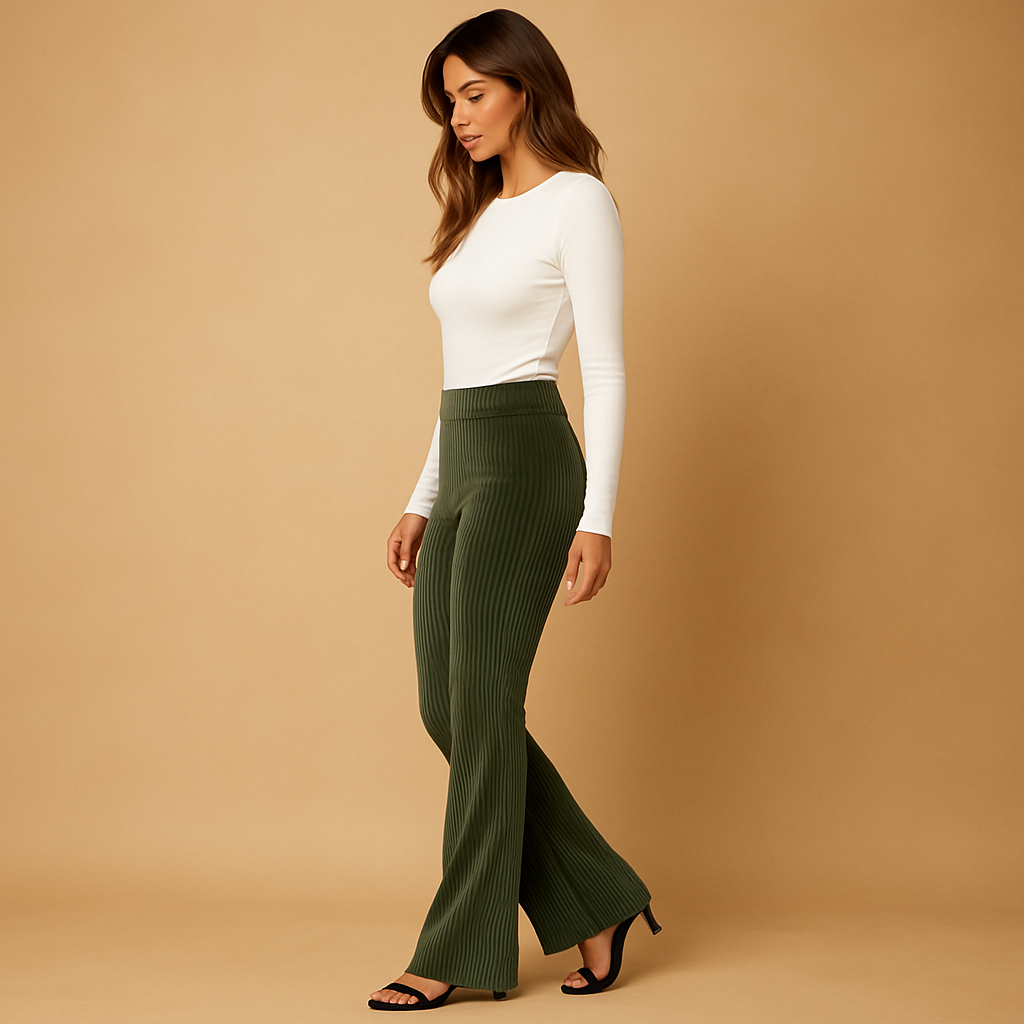 Women’s flared corduroy pants with high waist and ribbed fabric, available in green, brown, and black. Perfect for casual or elegant looks.