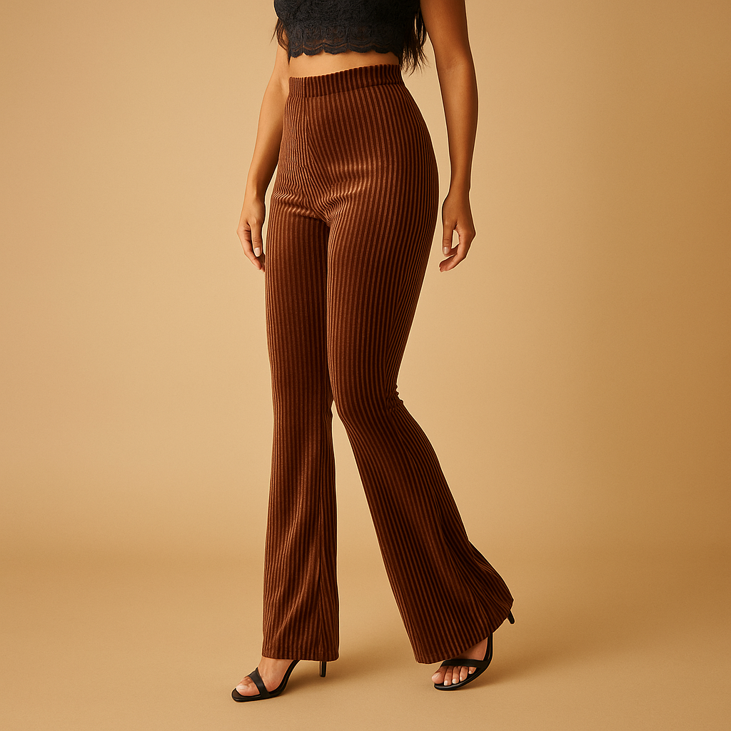 Women’s flared corduroy pants with high waist and ribbed fabric, available in green, brown, and black. Perfect for casual or elegant looks.