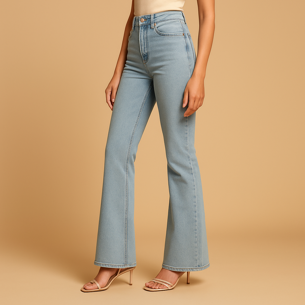 Women’s flared high waist jeans Sophia in classic denim blue with flattering high-rise fit and retro-inspired flared legs.