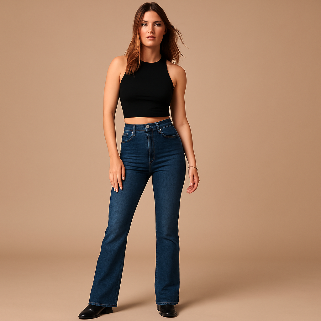 Women’s flared high waist jeans Sophia in classic denim blue with flattering high-rise fit and retro-inspired flared legs.