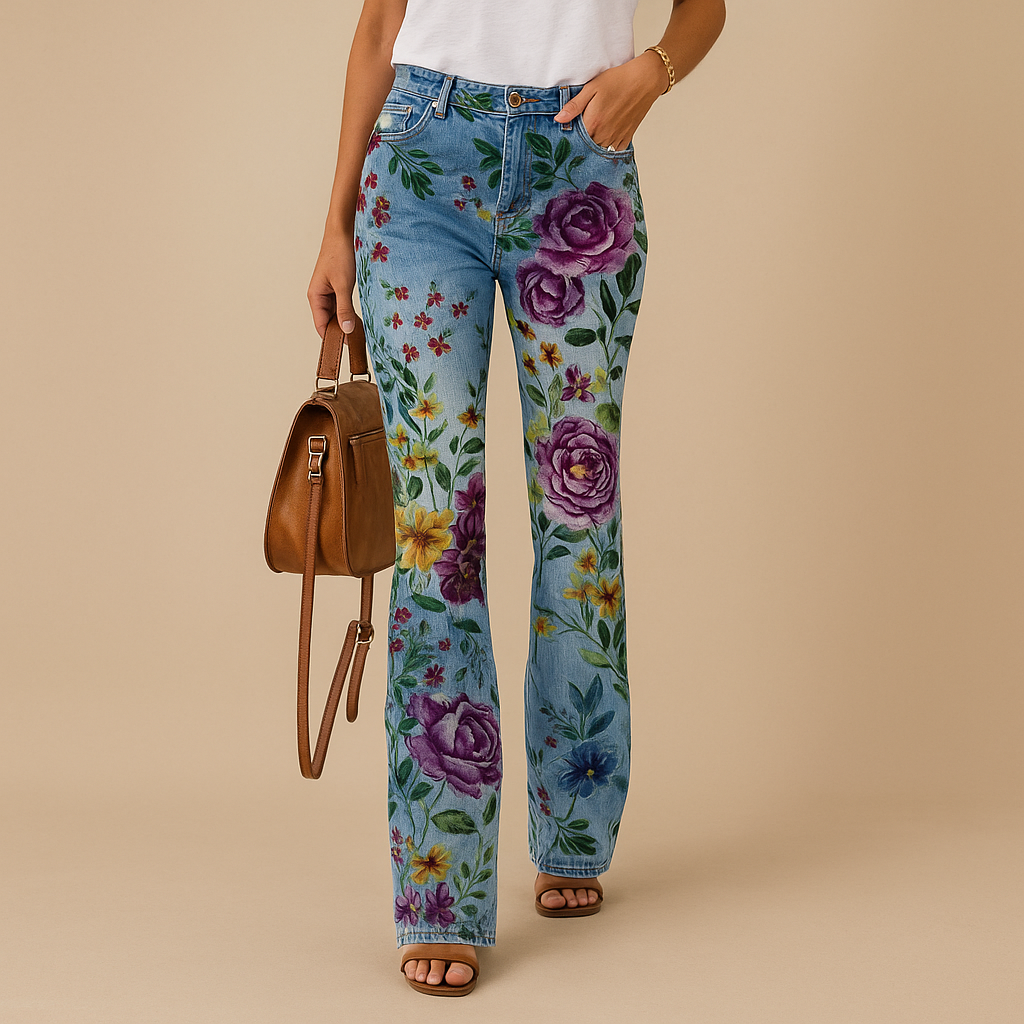 Women’s flared print jeans with breathable fabric and bold floral or butterfly patterns, designed for comfort and style in spring and summer.