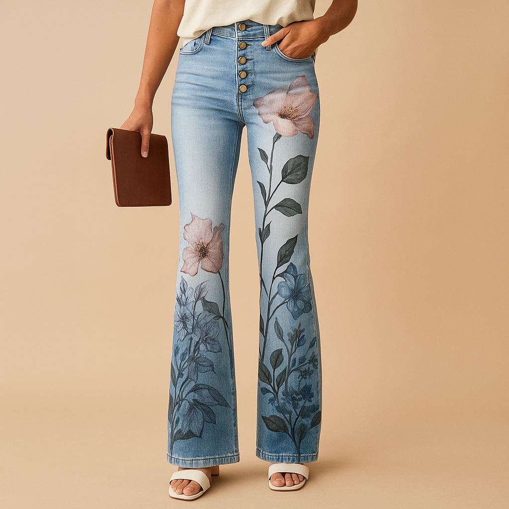 Women’s flared print jeans with breathable fabric and bold floral or butterfly patterns, designed for comfort and style in spring and summer.