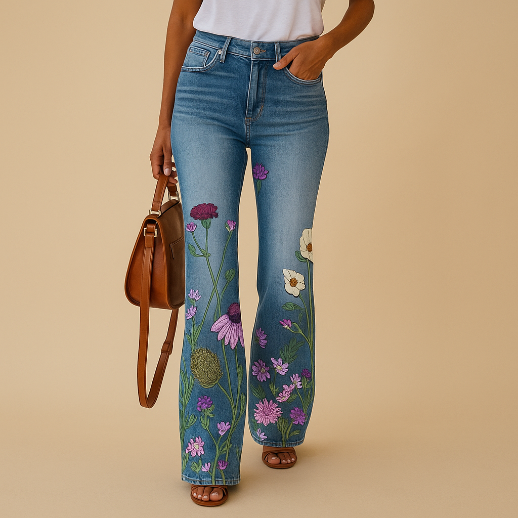 Women’s flared print jeans with breathable fabric and bold floral or butterfly patterns, designed for comfort and style in spring and summer.