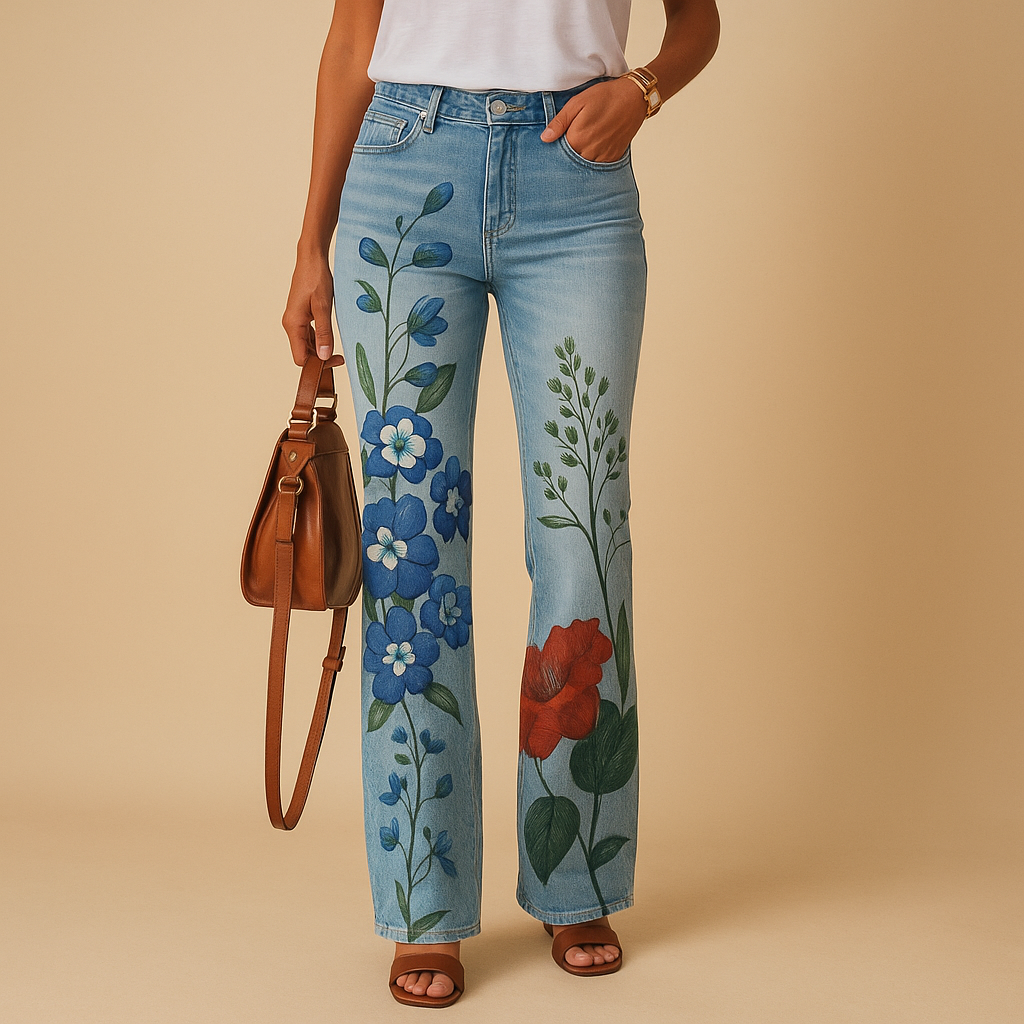 Women’s flared print jeans with breathable fabric and bold floral or butterfly patterns, designed for comfort and style in spring and summer.
