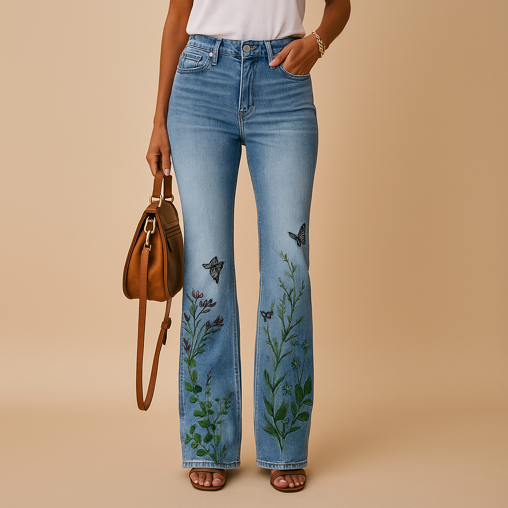 Women’s flared print jeans with breathable fabric and bold floral or butterfly patterns, designed for comfort and style in spring and summer.
