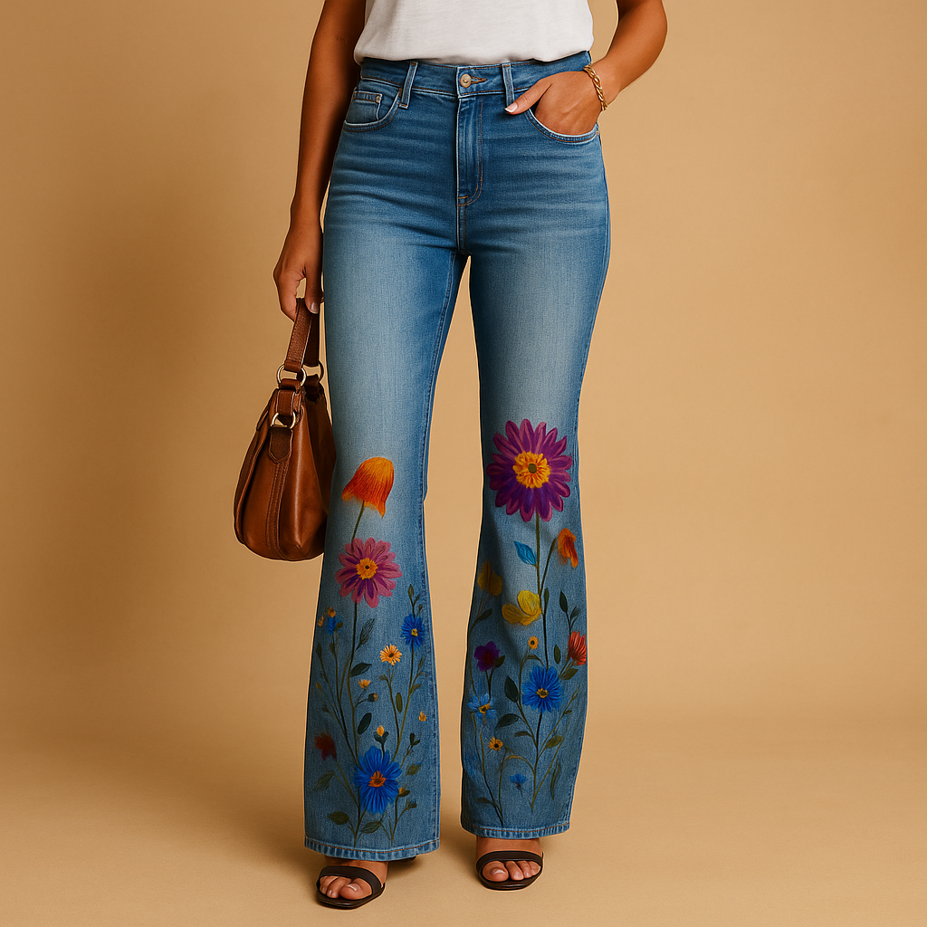 Women’s flared print jeans with breathable fabric and bold floral or butterfly patterns, designed for comfort and style in spring and summer.