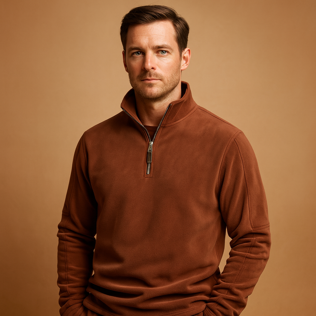 Fleece half-zip pullover for men in dark gray, beige, and brown, featuring a soft fabric and comfortable fit perfect for autumn and winter.