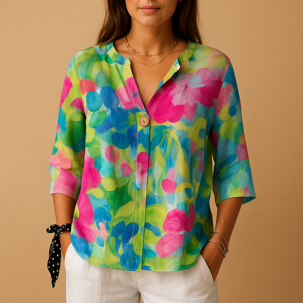 Women’s floral blouse with a classic collar and button-up front, designed with a loose fit for everyday wear, leisure, and elegant occasions.