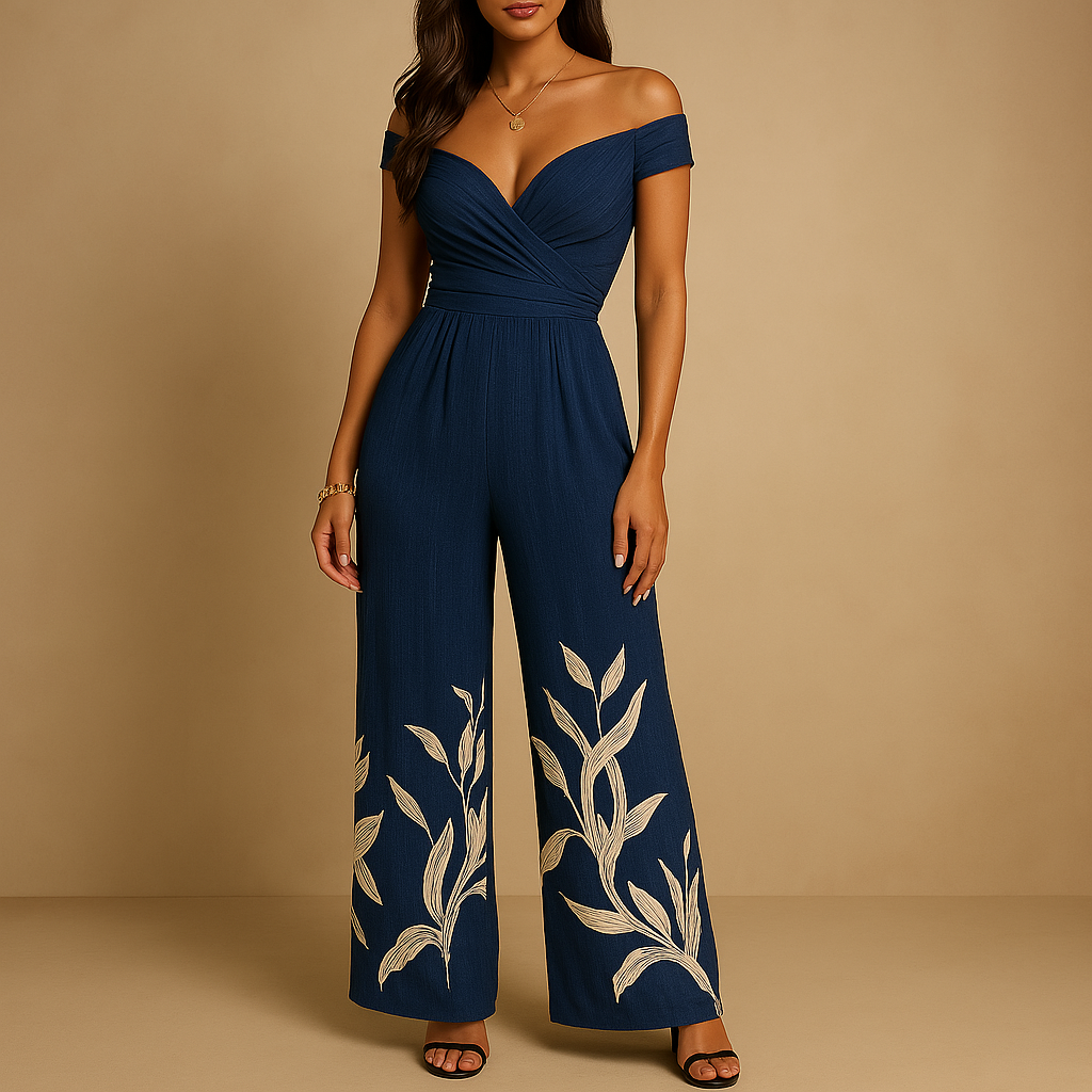 Floral off-shoulder jumpsuit for women with tailored waist and soft fabric, perfect for weddings, parties, and summer occasions.