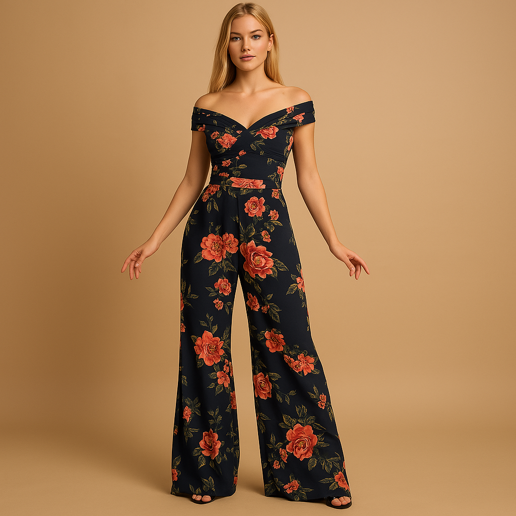 Floral off-shoulder jumpsuit for women with tailored waist and soft fabric, perfect for weddings, parties, and summer occasions.