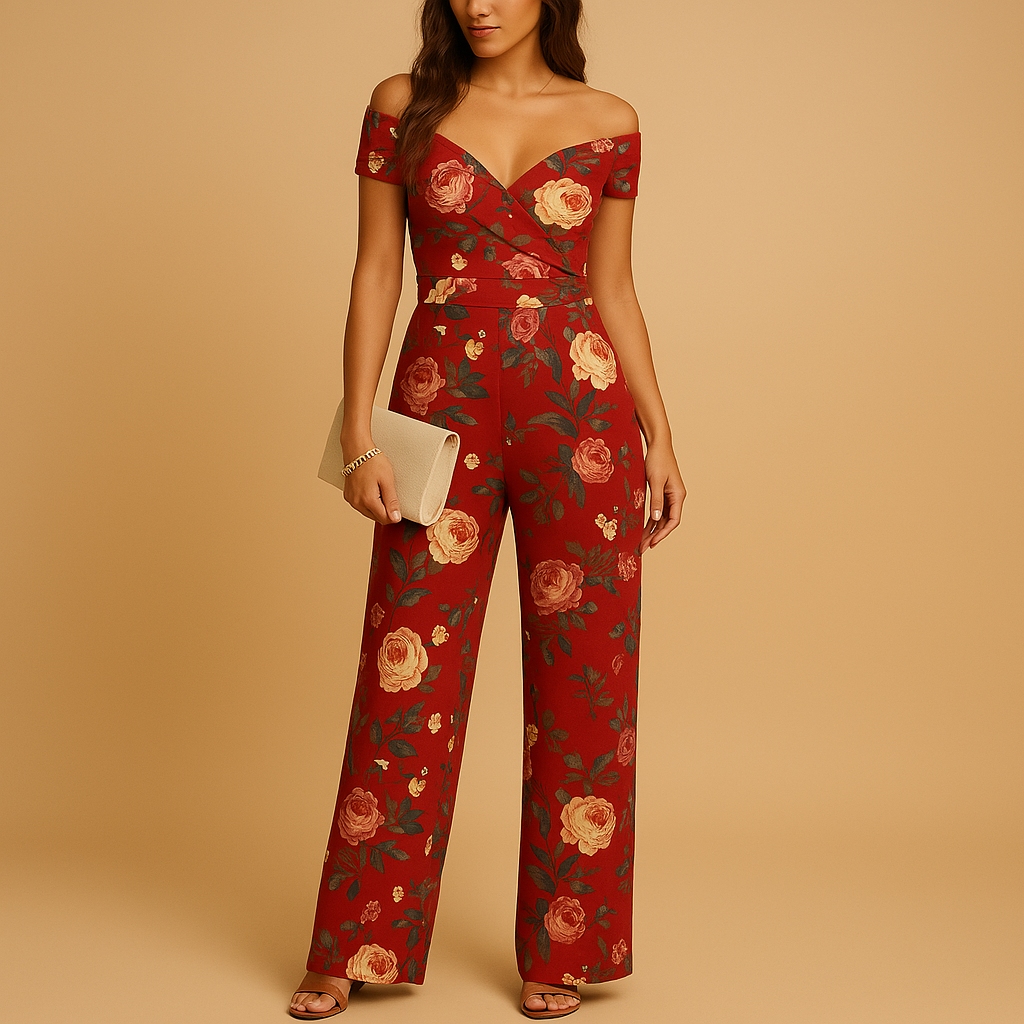 Floral off-shoulder jumpsuit for women with tailored waist and soft fabric, perfect for weddings, parties, and summer occasions.