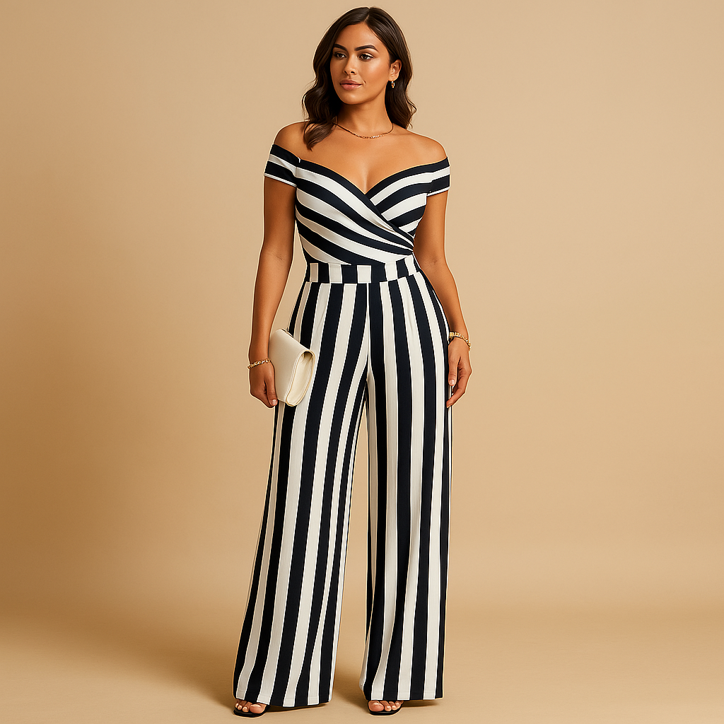Floral off-shoulder jumpsuit for women with tailored waist and soft fabric, perfect for weddings, parties, and summer occasions.