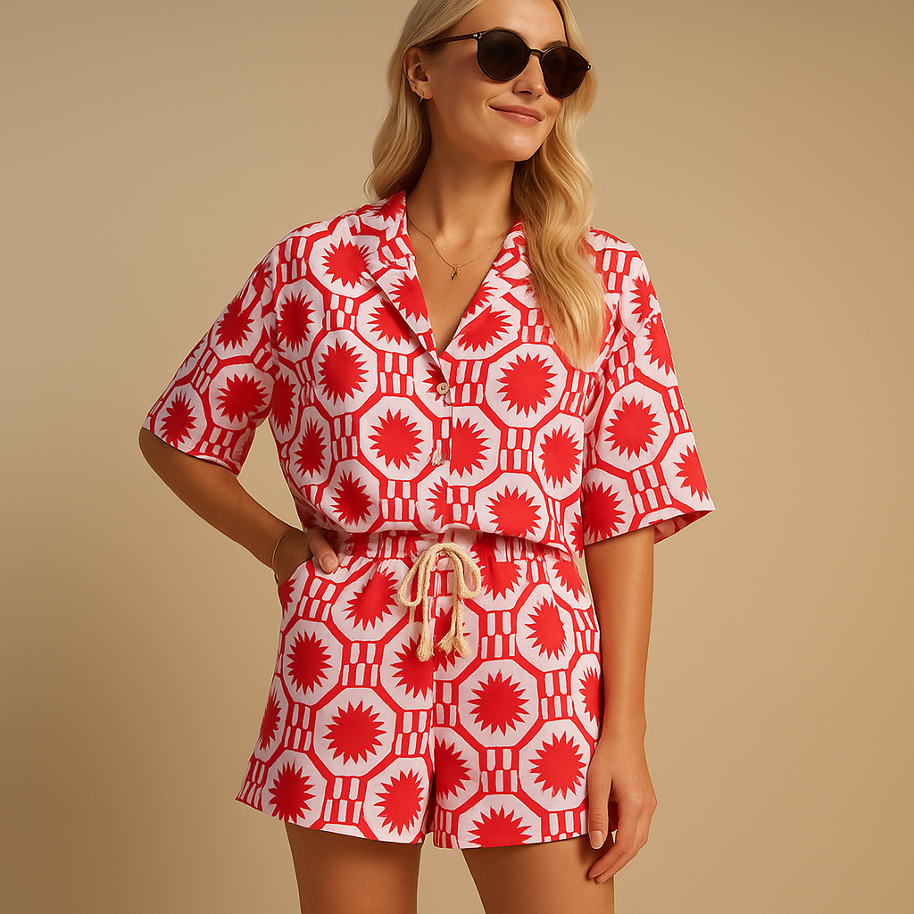 Women’s floral blouse and shorts set with short sleeves and elastic waistband, perfect for summer days, vacations, or casual outings.