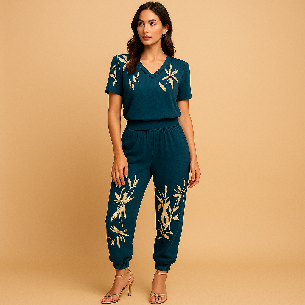 Women’s floral two-piece outfit with lightweight top and matching pants, ideal for summer days, casual wear, or relaxed occasions.