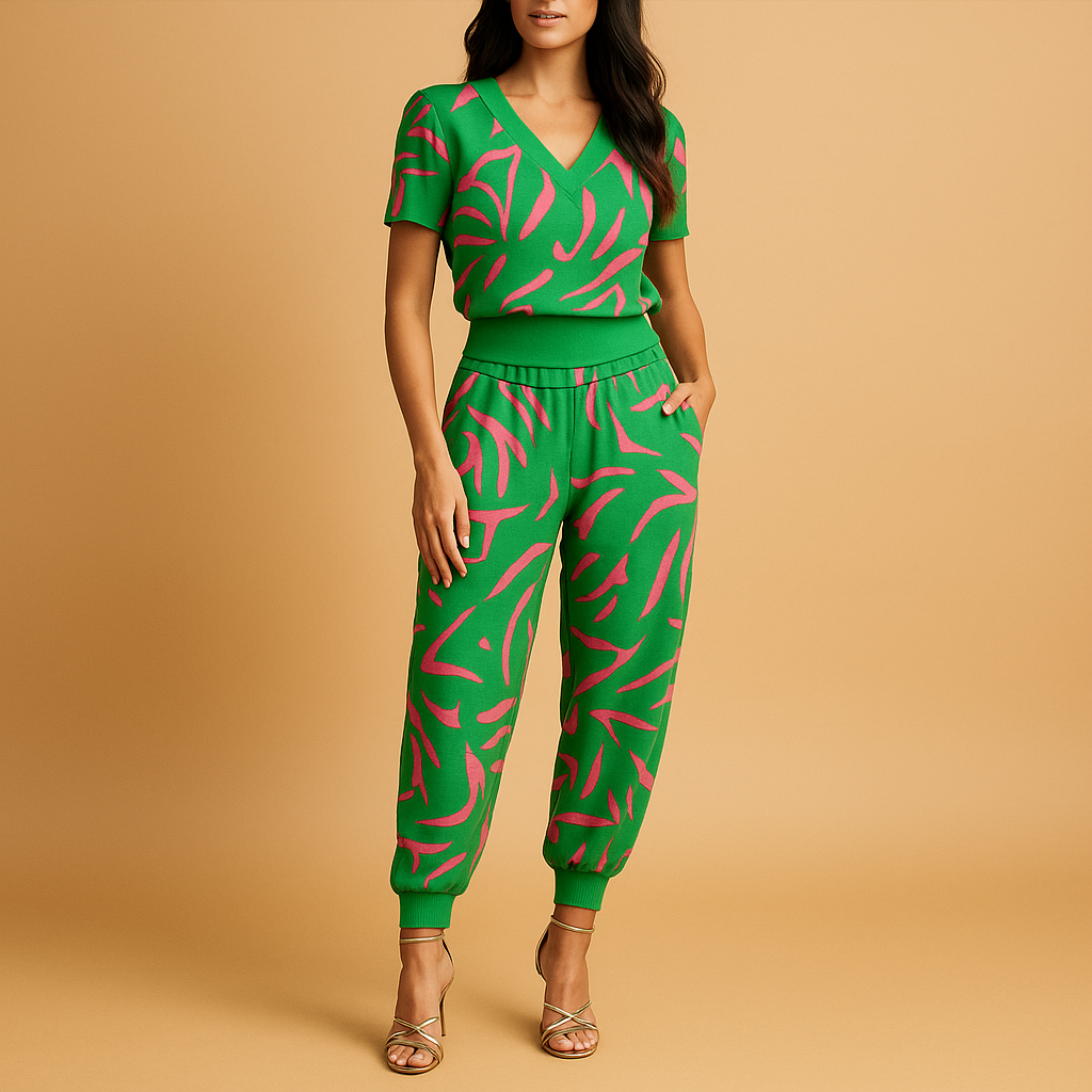 Women’s floral two-piece outfit with lightweight top and matching pants, ideal for summer days, casual wear, or relaxed occasions.