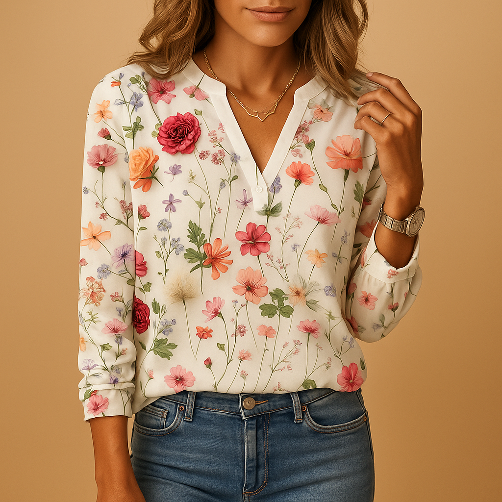 Floral V-neck blouse for women with long sleeves and a comfortable airy fit, suitable for casual outfits, workwear, and chic everyday looks.