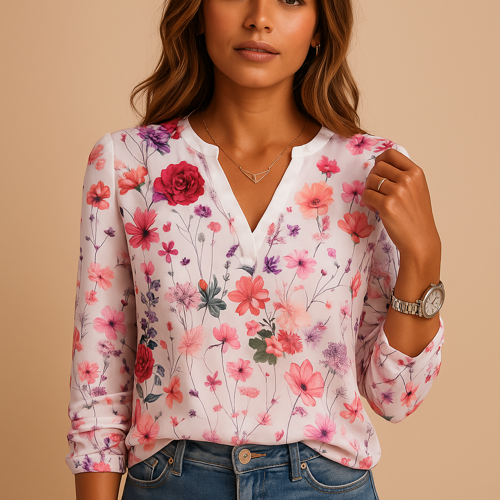 Floral V-neck blouse for women with long sleeves and a comfortable airy fit, suitable for casual outfits, workwear, and chic everyday looks.
