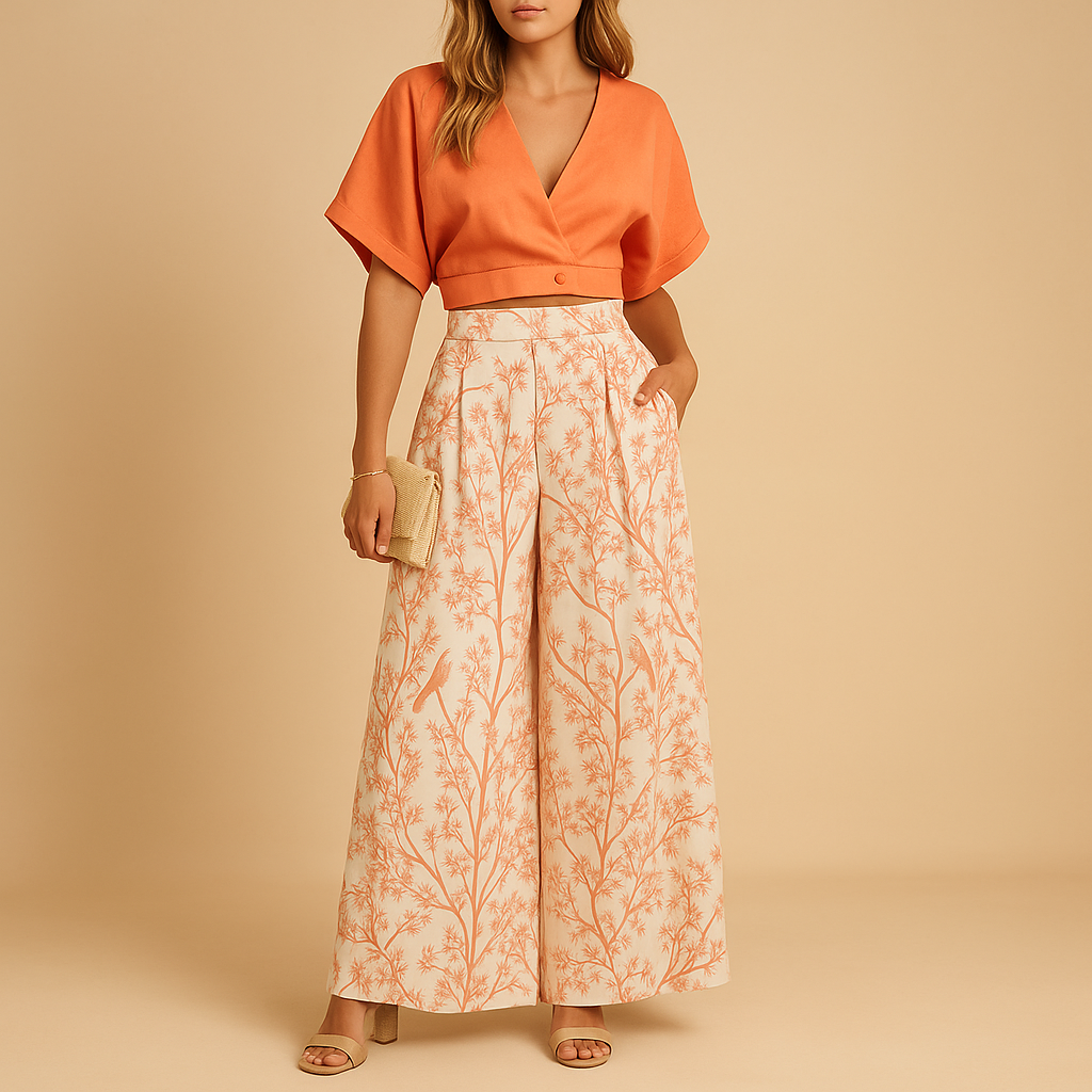 Women’s floral print two-piece set with a light top and wide-leg pants, perfect for summer days, vacations, and casual outings.
