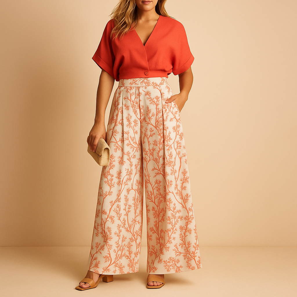 Women’s floral print two-piece set with a light top and wide-leg pants, perfect for summer days, vacations, and casual outings.